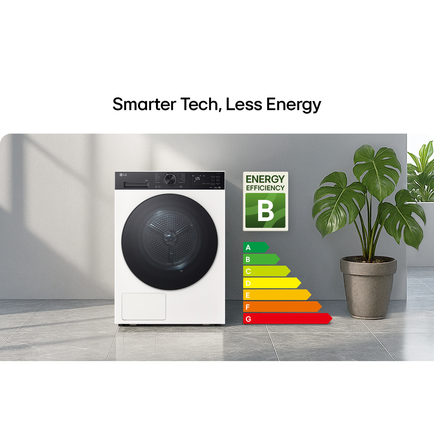 A white LG dryer with an energy efficiency rating of B, next to a plant.
