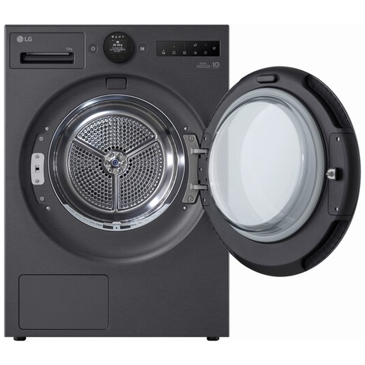 Dark LG dryer with open door, showing the drum inside.