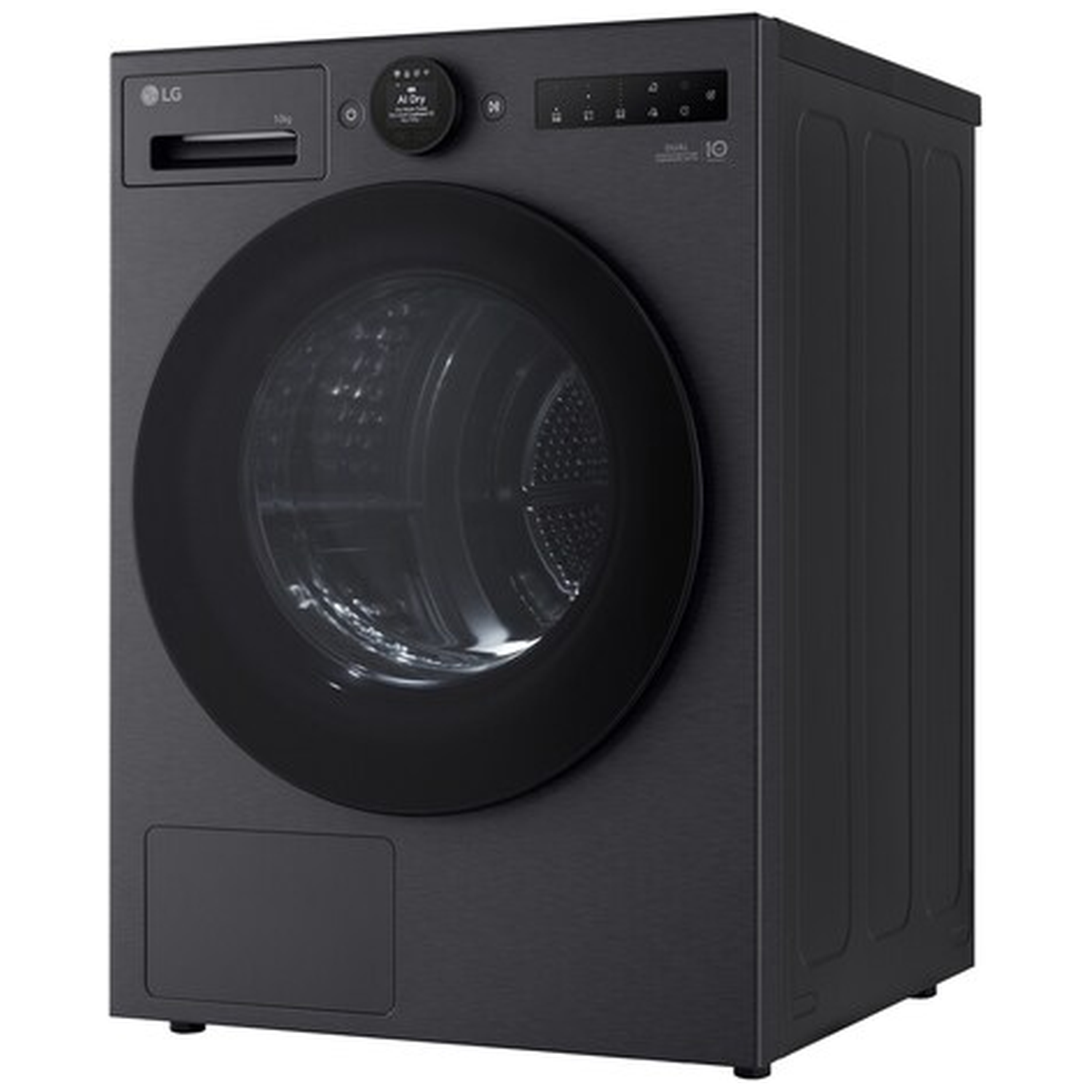 Black LG washing machine with a round door and control panel on top.