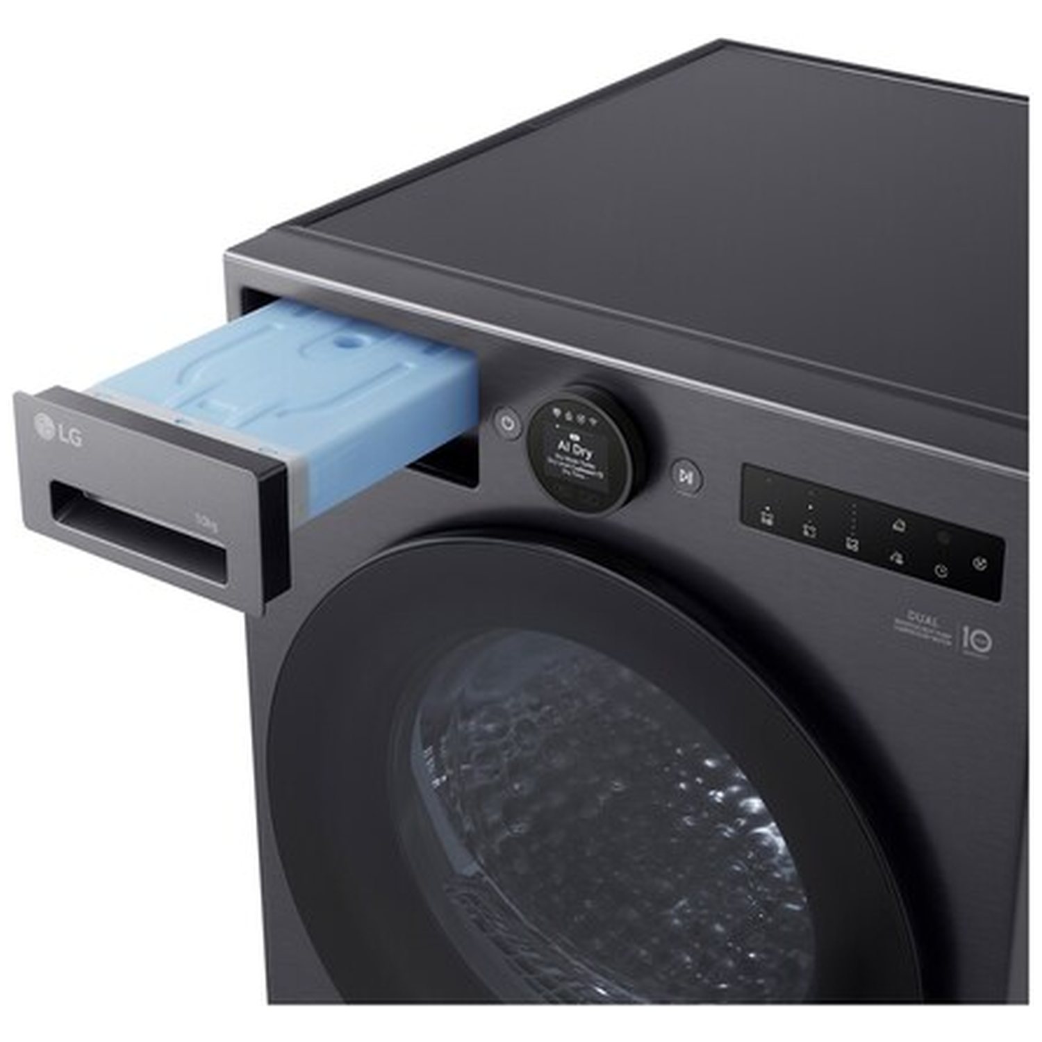 A dark washing machine with its detergent drawer pulled out, LG logo visible.