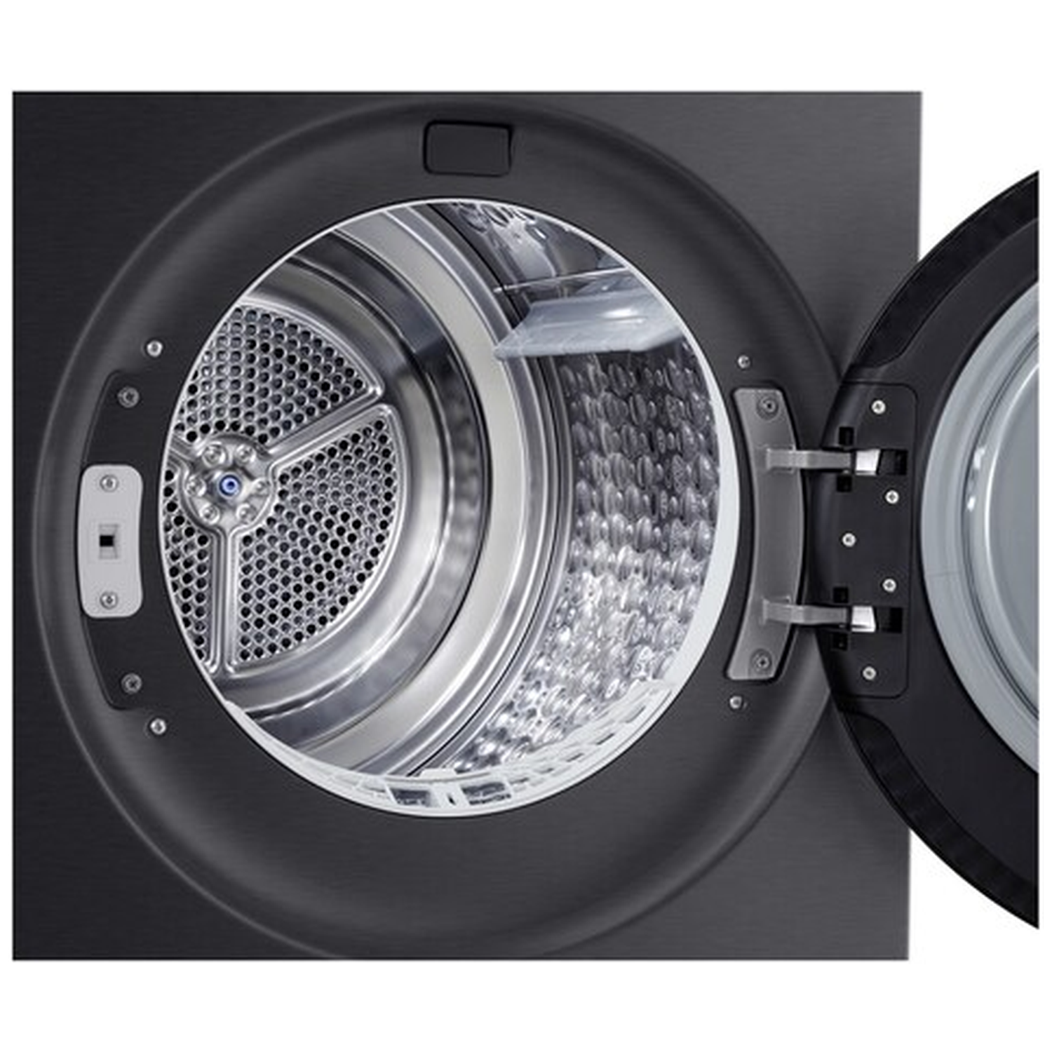 A black dryer with an open door showing its silver drum inside.