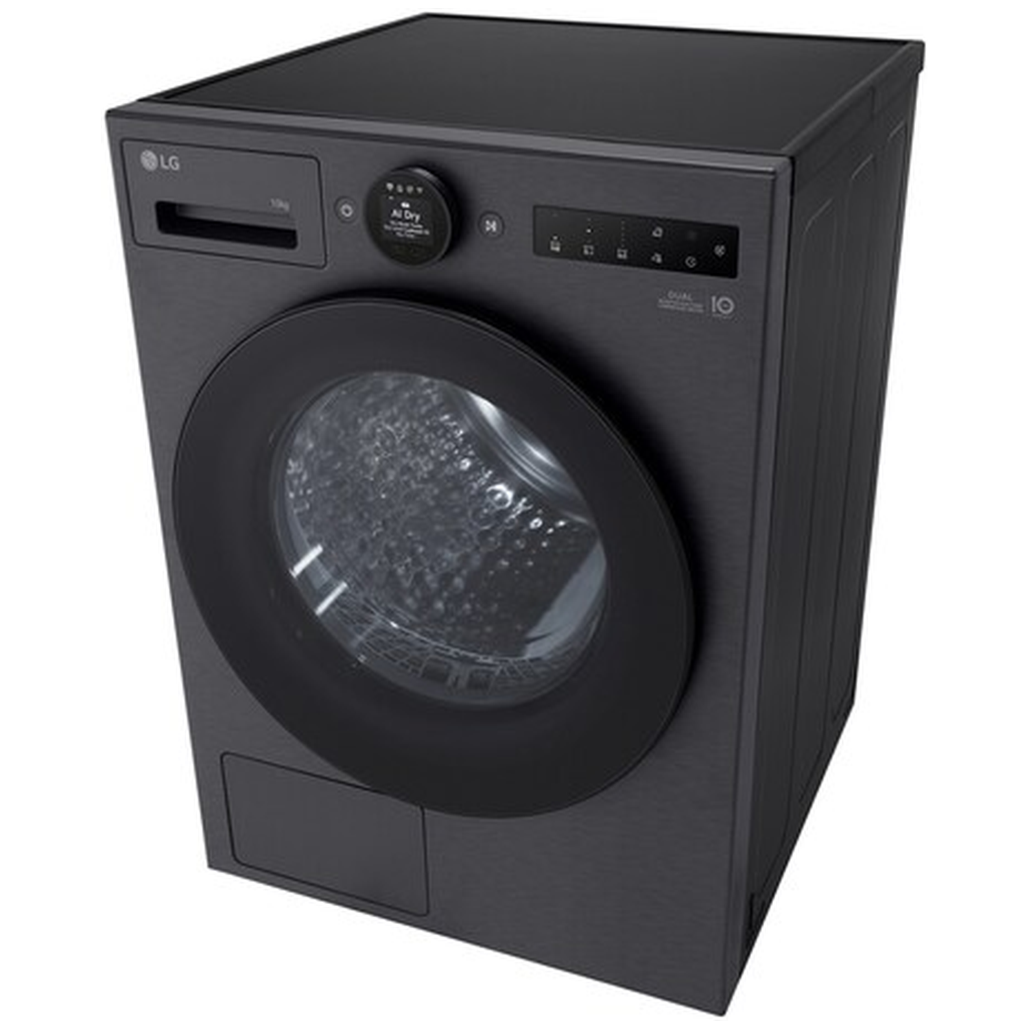 Black LG washing machine with round door and digital control panel.
