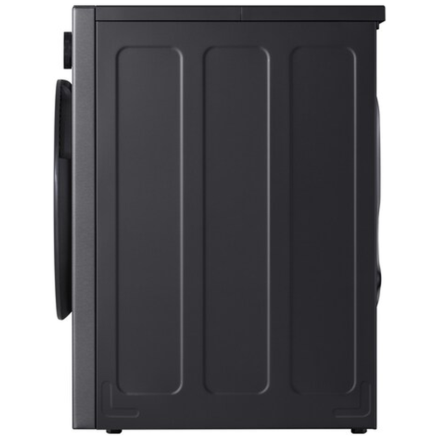 Dark gray washing machine shown from the side, with door and controls on the left.