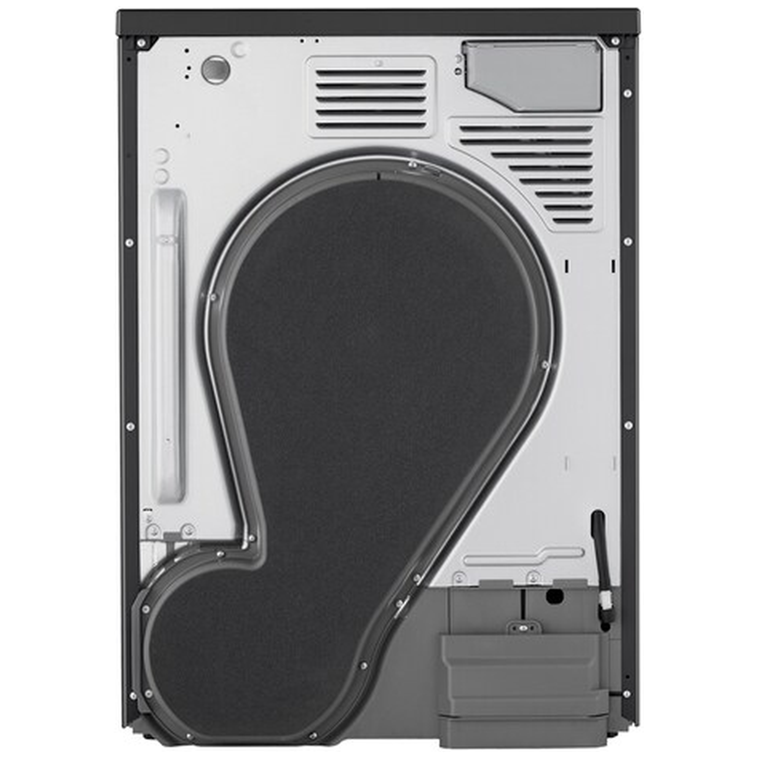 Rear view of a dryer with vents and large drum opening. Gray and black.