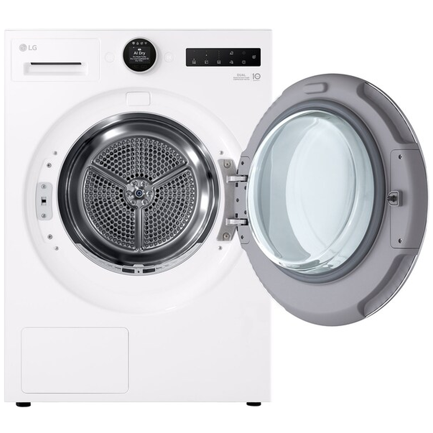 White LG washing machine with open door, drum visible.