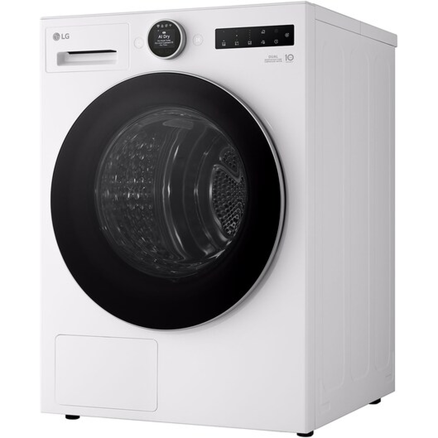 White LG washing machine with black door and digital display. Detergent drawer on left.