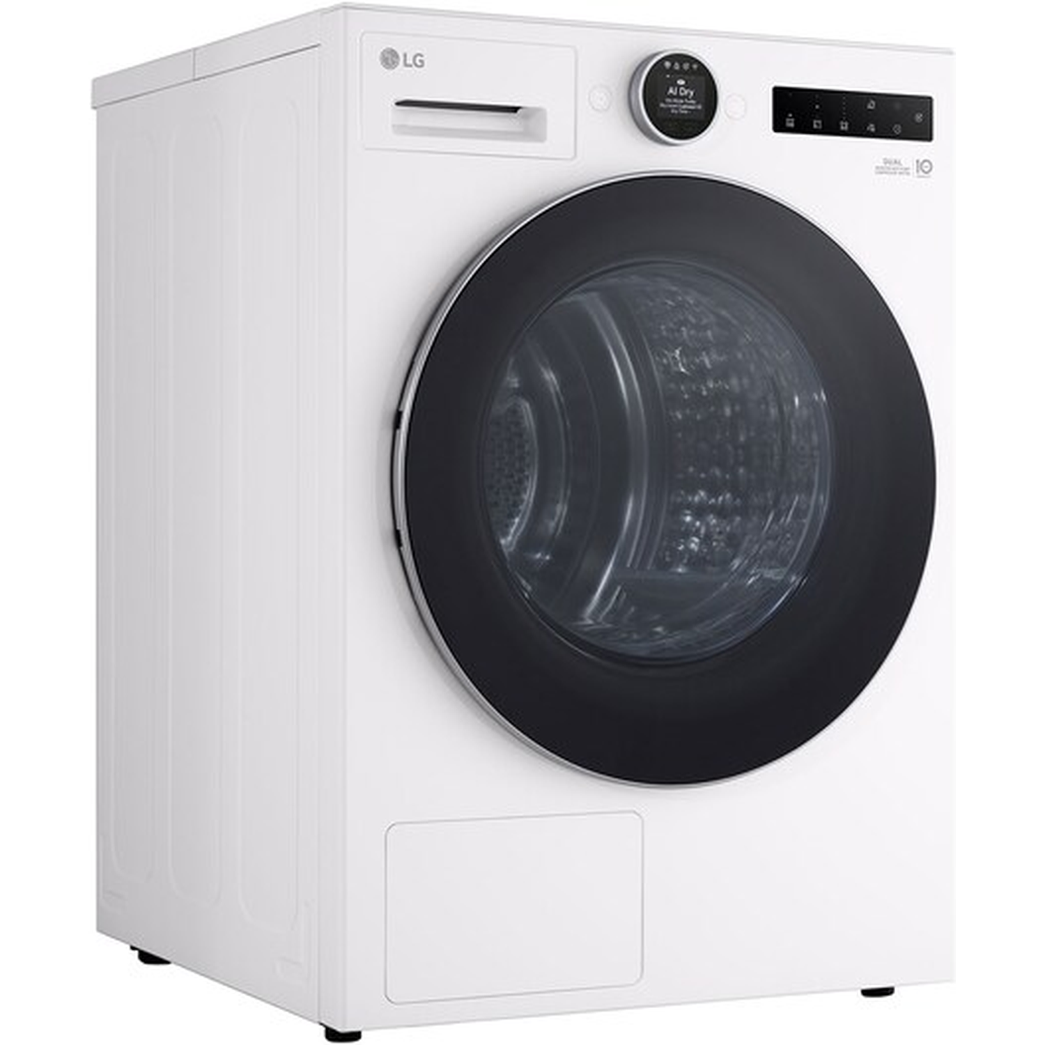 White LG washing machine with a black door and digital display.