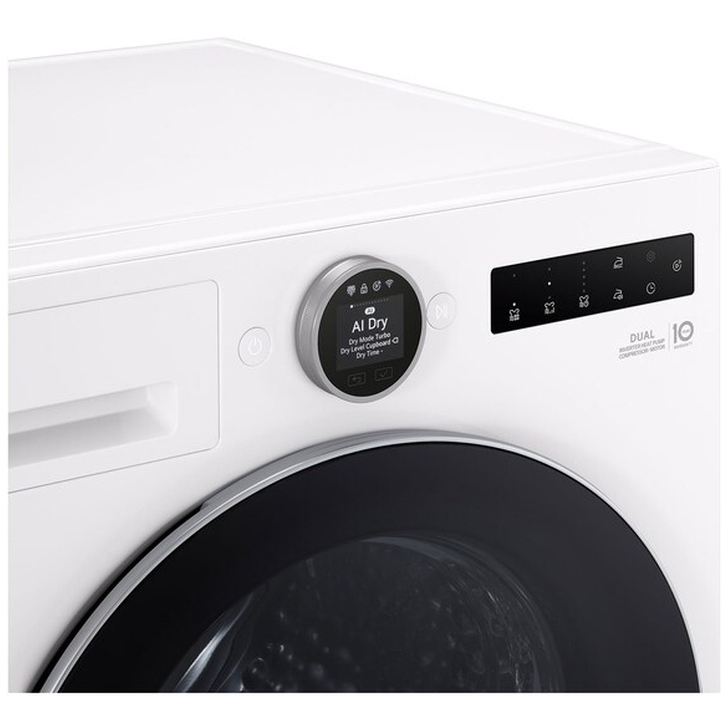 White front of a dryer with digital display and black door.