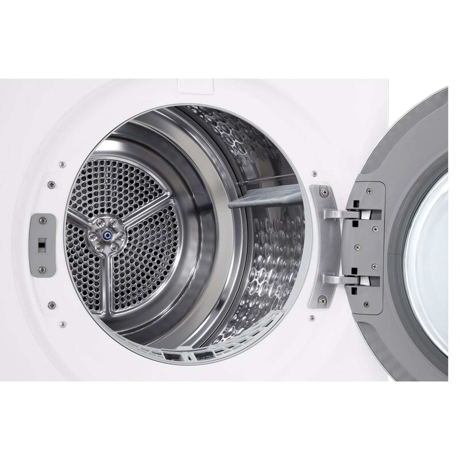 Interior of a white clothes dryer with its gray door open.