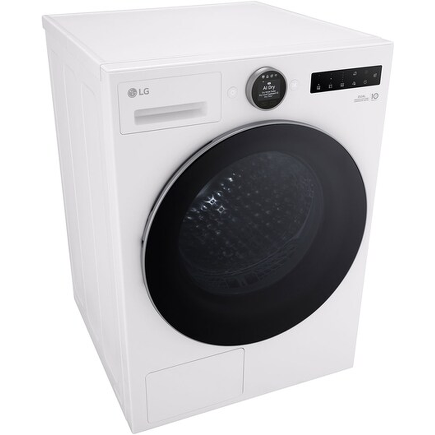 White LG washing machine with black door and digital display panel.