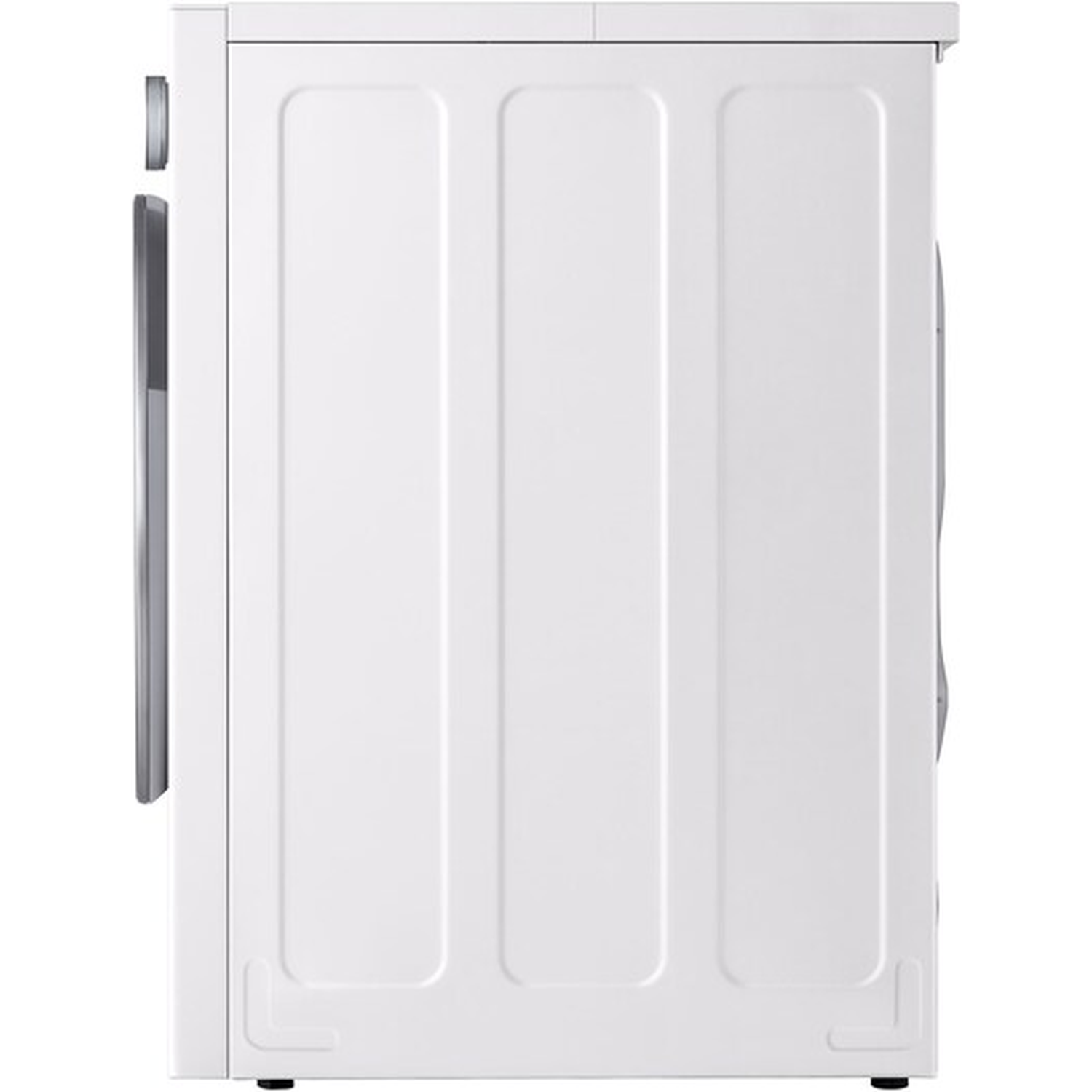 White washing machine seen from the side, featuring vertical panels and silver accents.