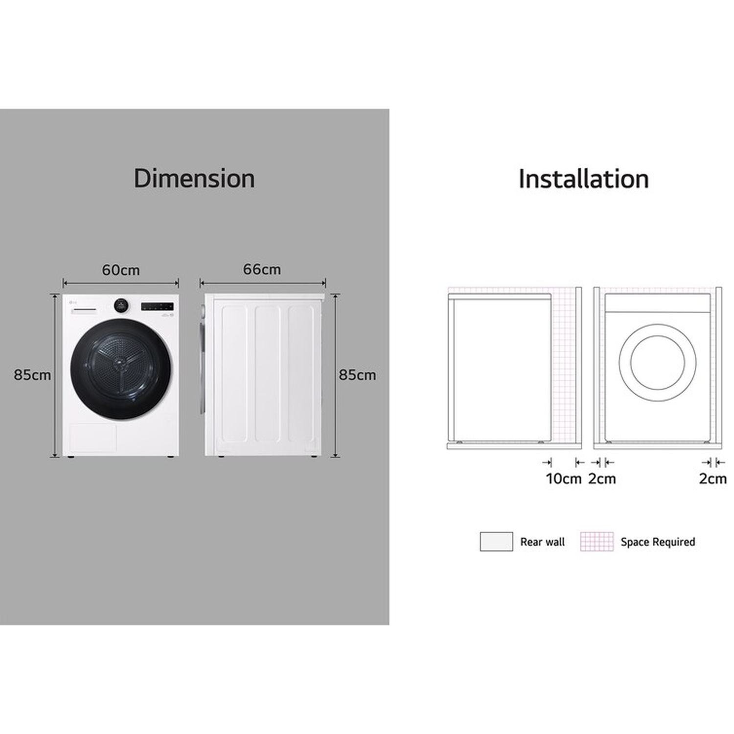 Dryer dimensions and installation space: 85x60x66cm, 10/2cm clearance.