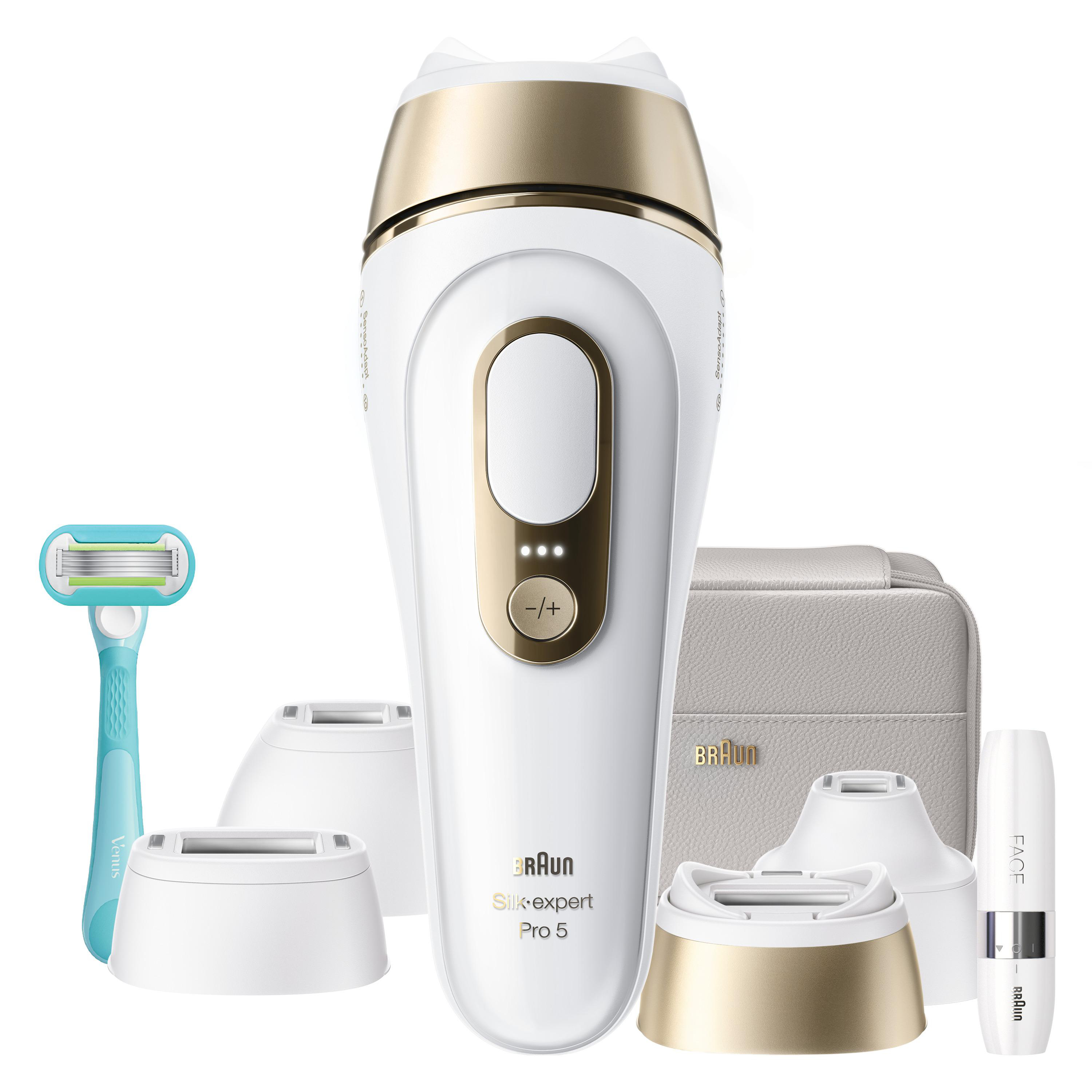 Ein Braun Silk-expert Pro 5 IPL-Gerät mit Venus-Rasierer, Aufsätzen und Tasche.