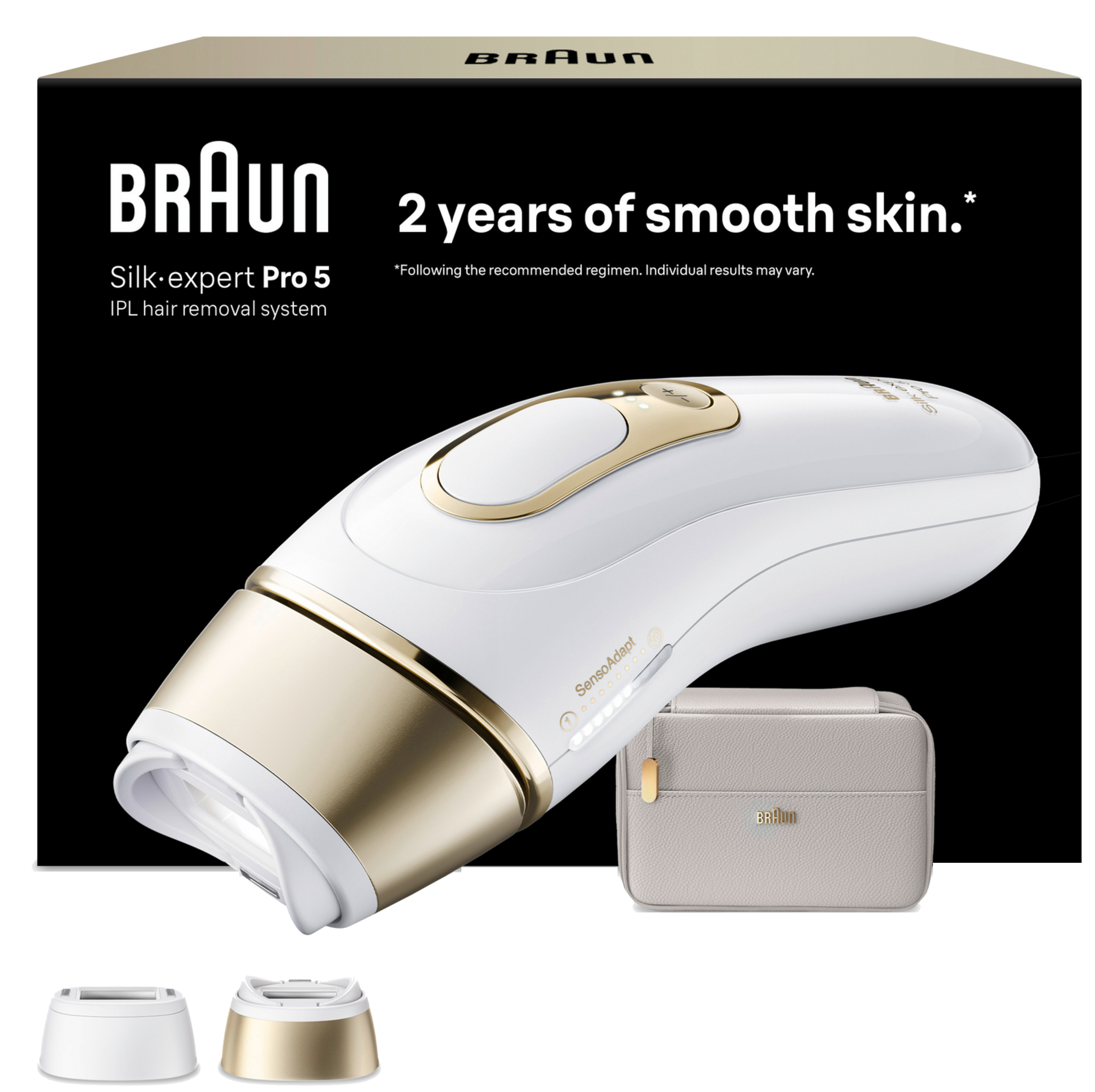 Braun IPL Haarentferner mit Tasche und Aufsätzen. Weiß und Gold.