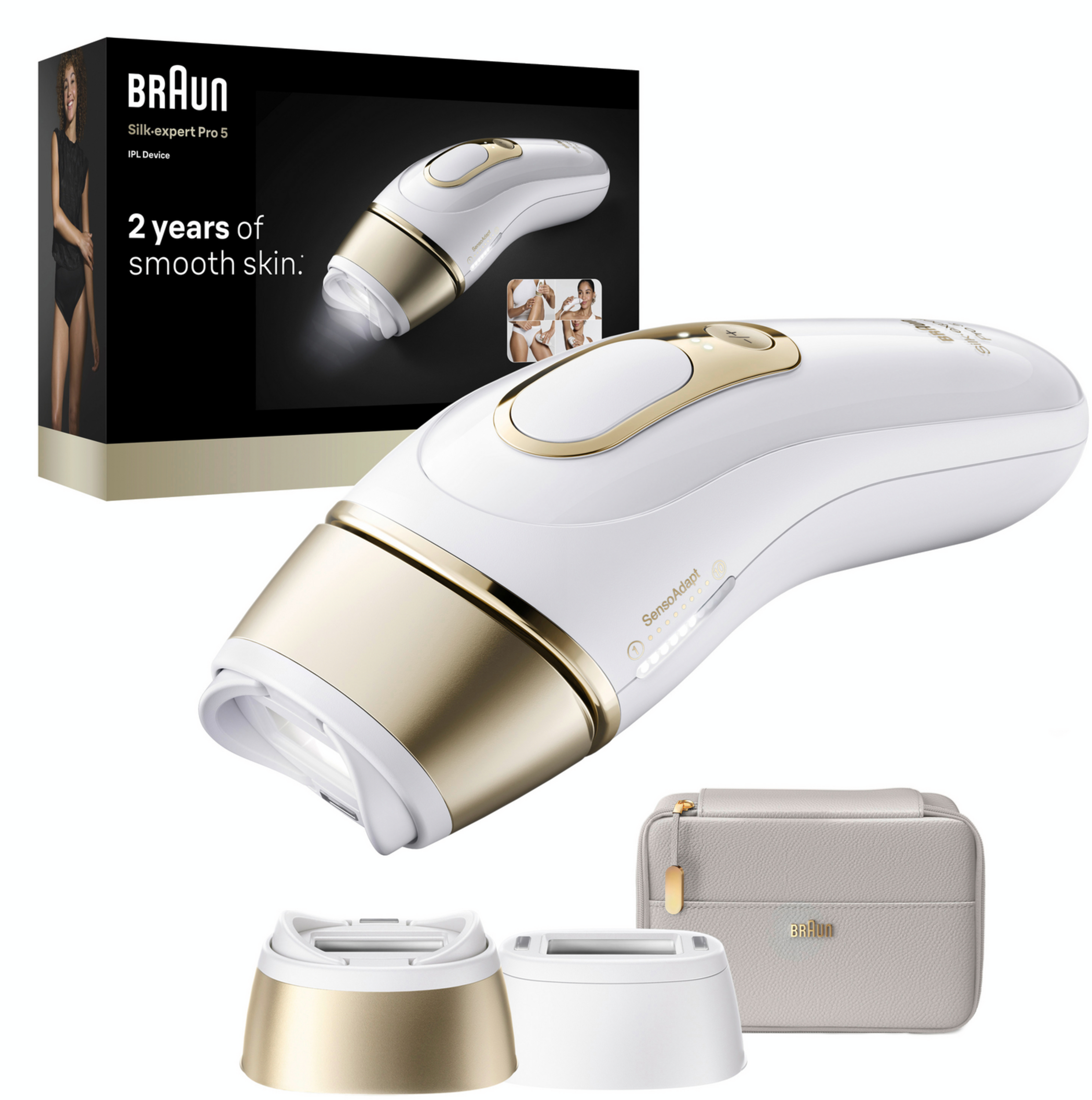 Braun IPL Gerät mit Zubehör: Epilierer, Köpfe und Tasche.