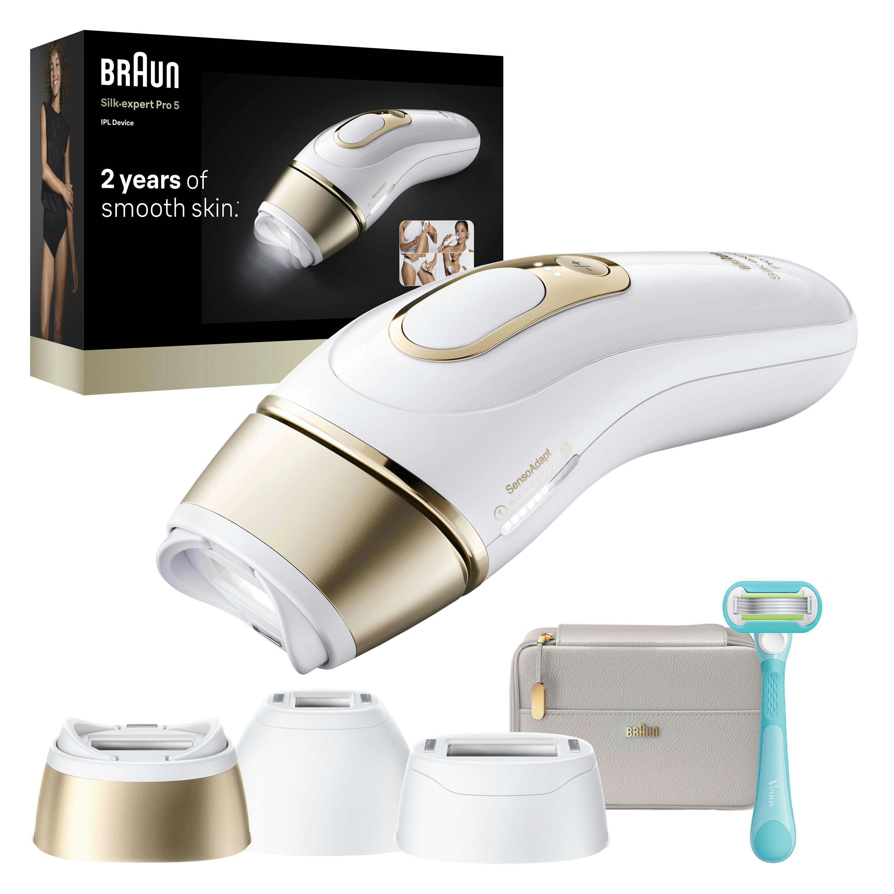 Braun IPL Gerät mit Zubehör: Haarentferner, Rasierer, Tasche.