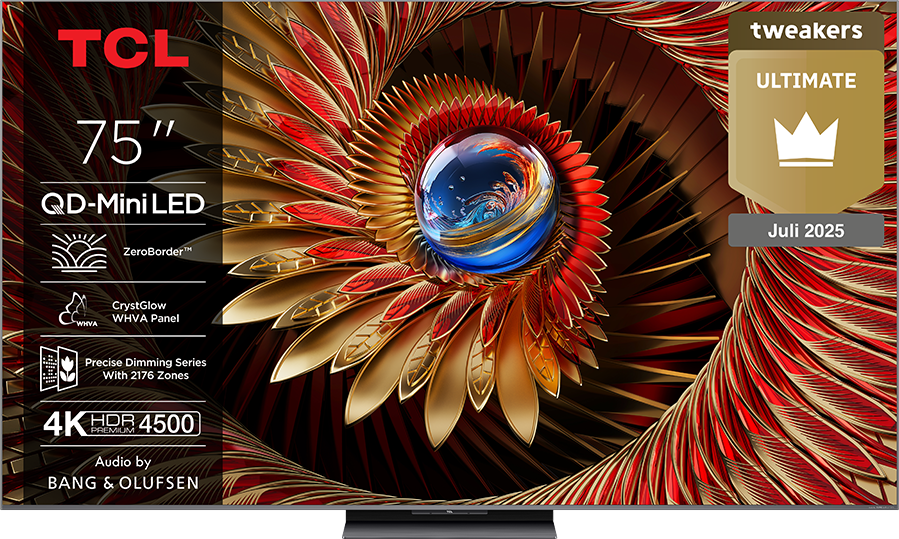 TCL 75 inch QD-Mini LED TV with detailed background and product features.