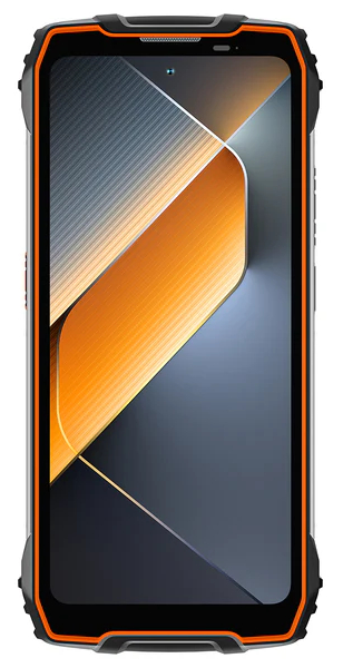 Wytrzymały smartfon z pomarańczowymi akcentami i abstrakcyjnym tłem.