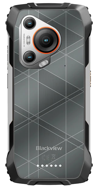 Tył wytrzymałego smartfona z potrójnym aparatem i geometrycznym wzorem.