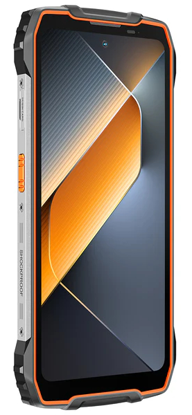 Wytrzymały smartfon z pomarańczowymi akcentami i graficzną tapetą.