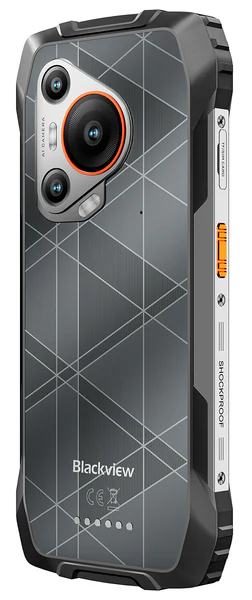 Tył wytrzymałego czarnego smartfona z potrójnym aparatem i geometrycznym wzorem.