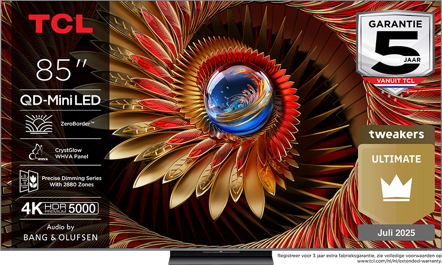 TCL 85" QD-Mini LED TV met 2880 zones, Bang & Olufsen audio, 5 jaar garantie.