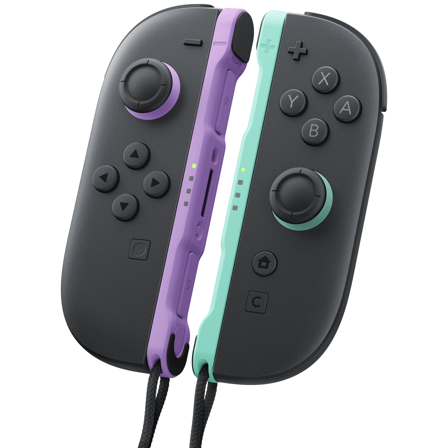 Two Nintendo Switch Joy-Con controllers, purple and mint green, with black buttons and straps.