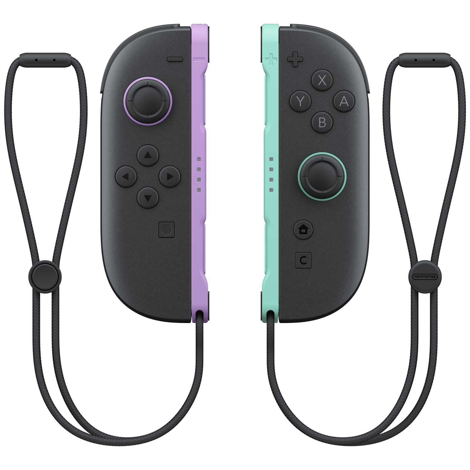 Two Nintendo Switch Joy-Con controllers, purple and mint green, with black wrist straps.