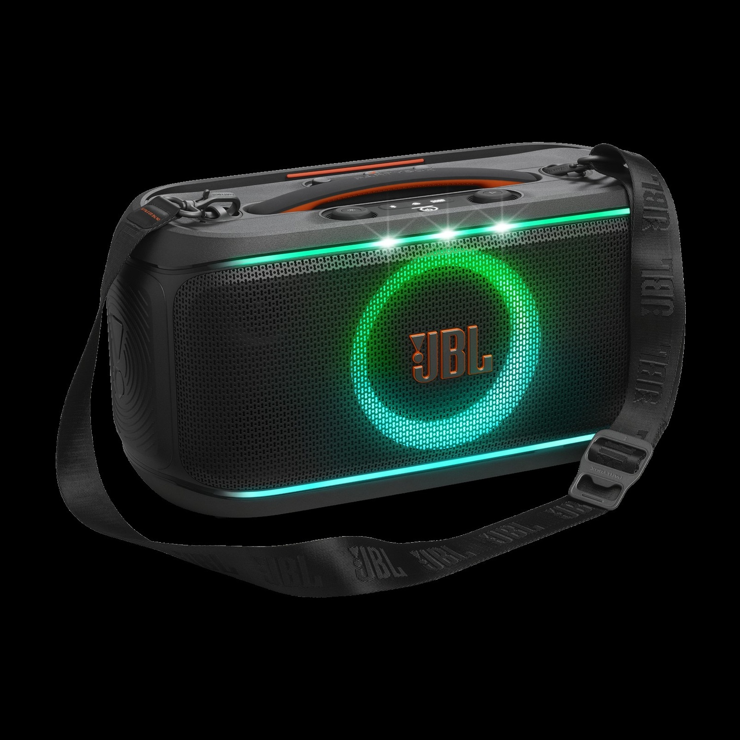 Altoparlante JBL nero con manico e cinghia, illuminato verde e blu.