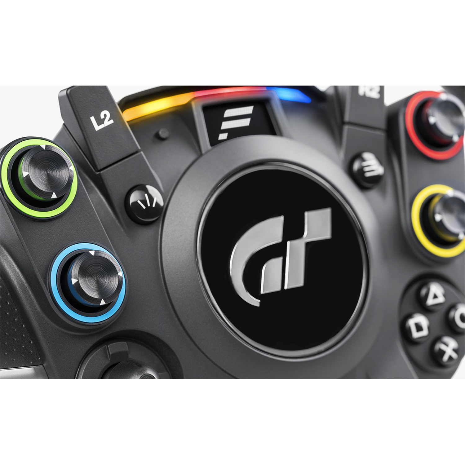 Primo piano di un controller da gioco nero con pulsanti e logo GT.