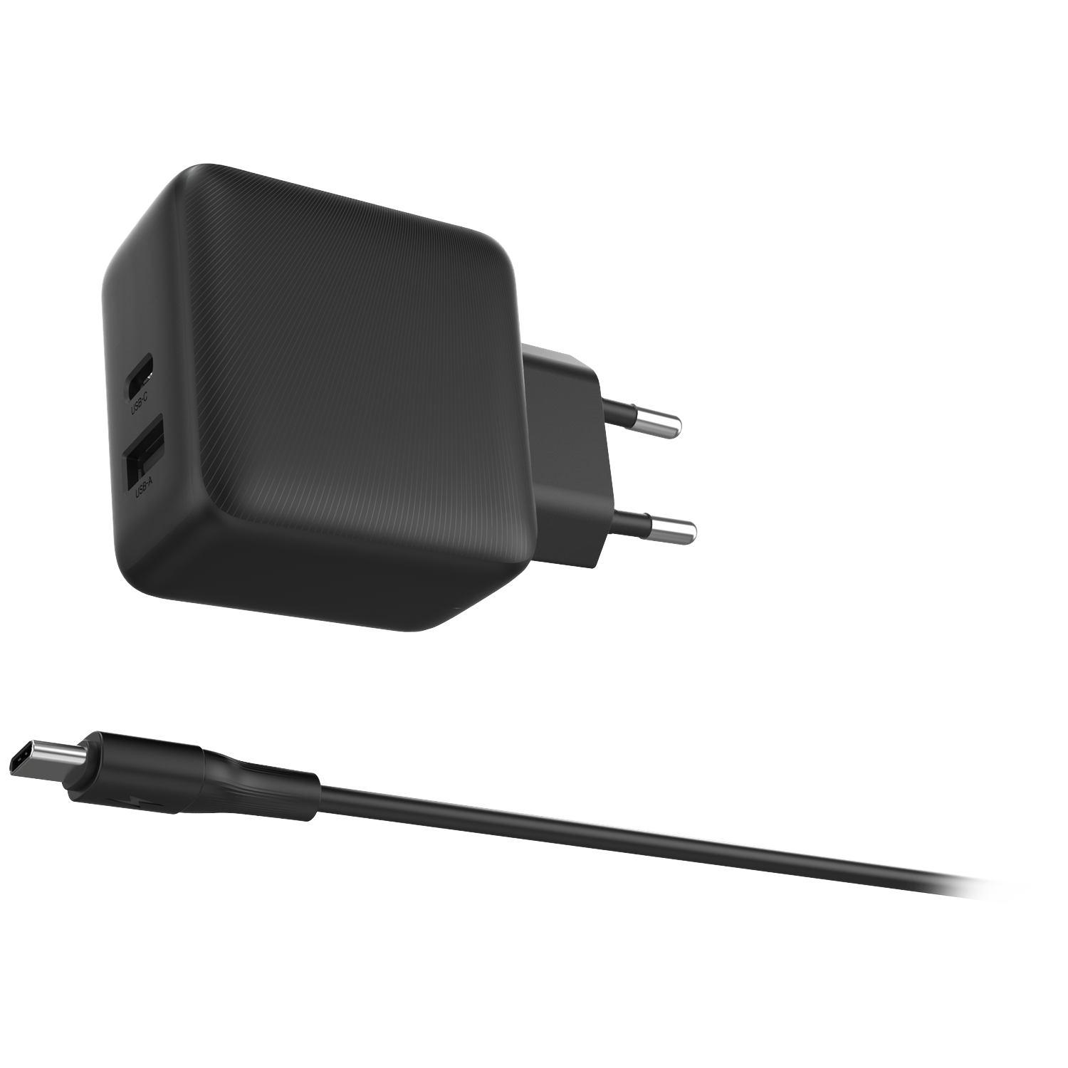A black USB-C charger with a USB-A port and a USB-C cable.