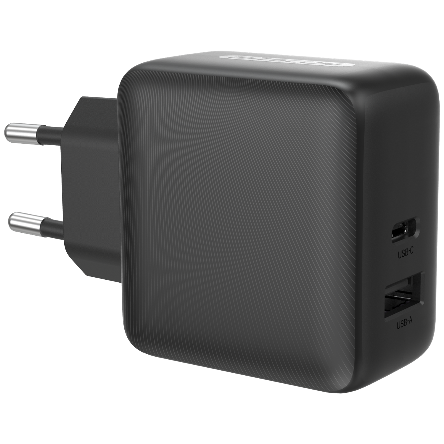 Black plug adapter with two USB ports and metal prongs.