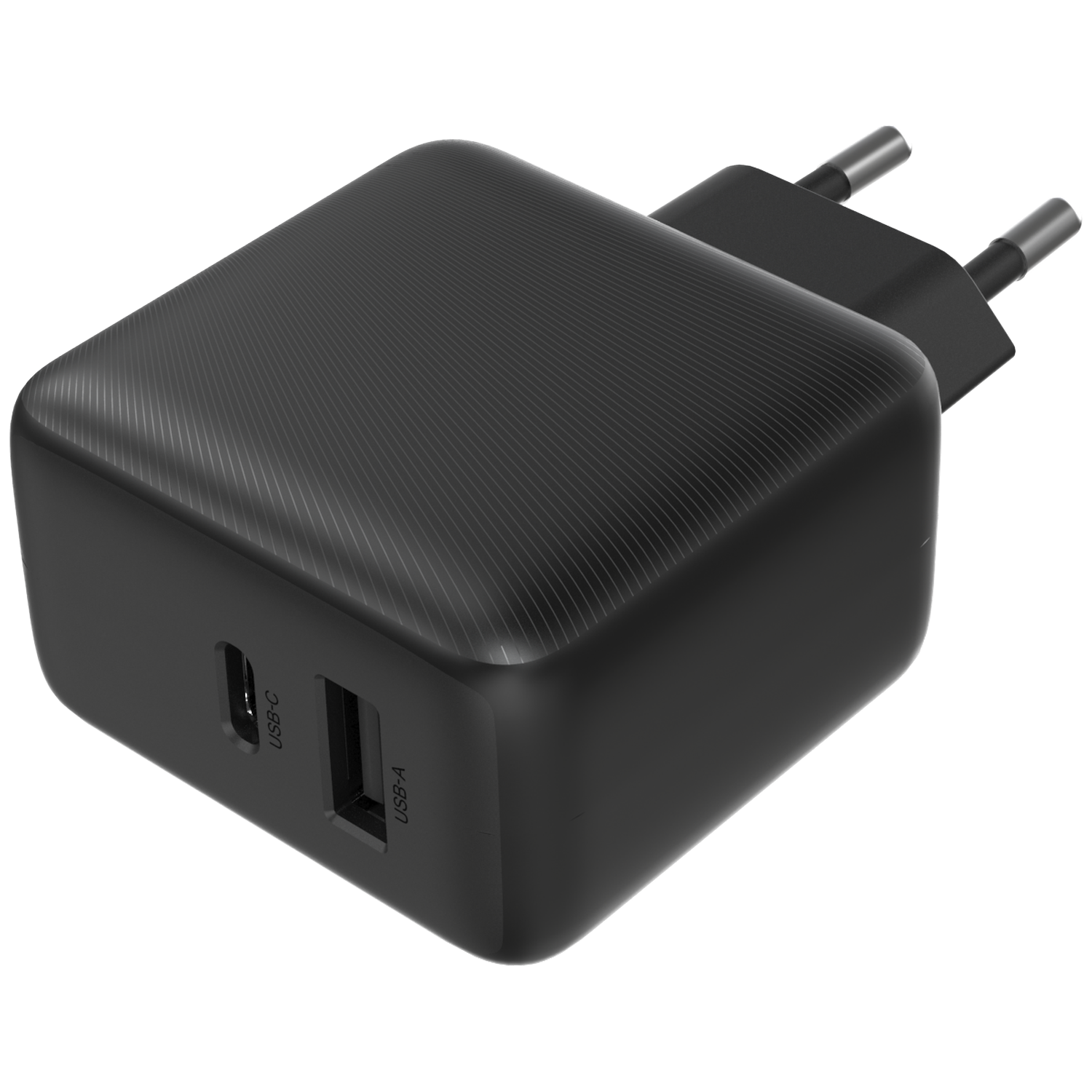 Black USB-C and USB-A charger adapter with two pins.