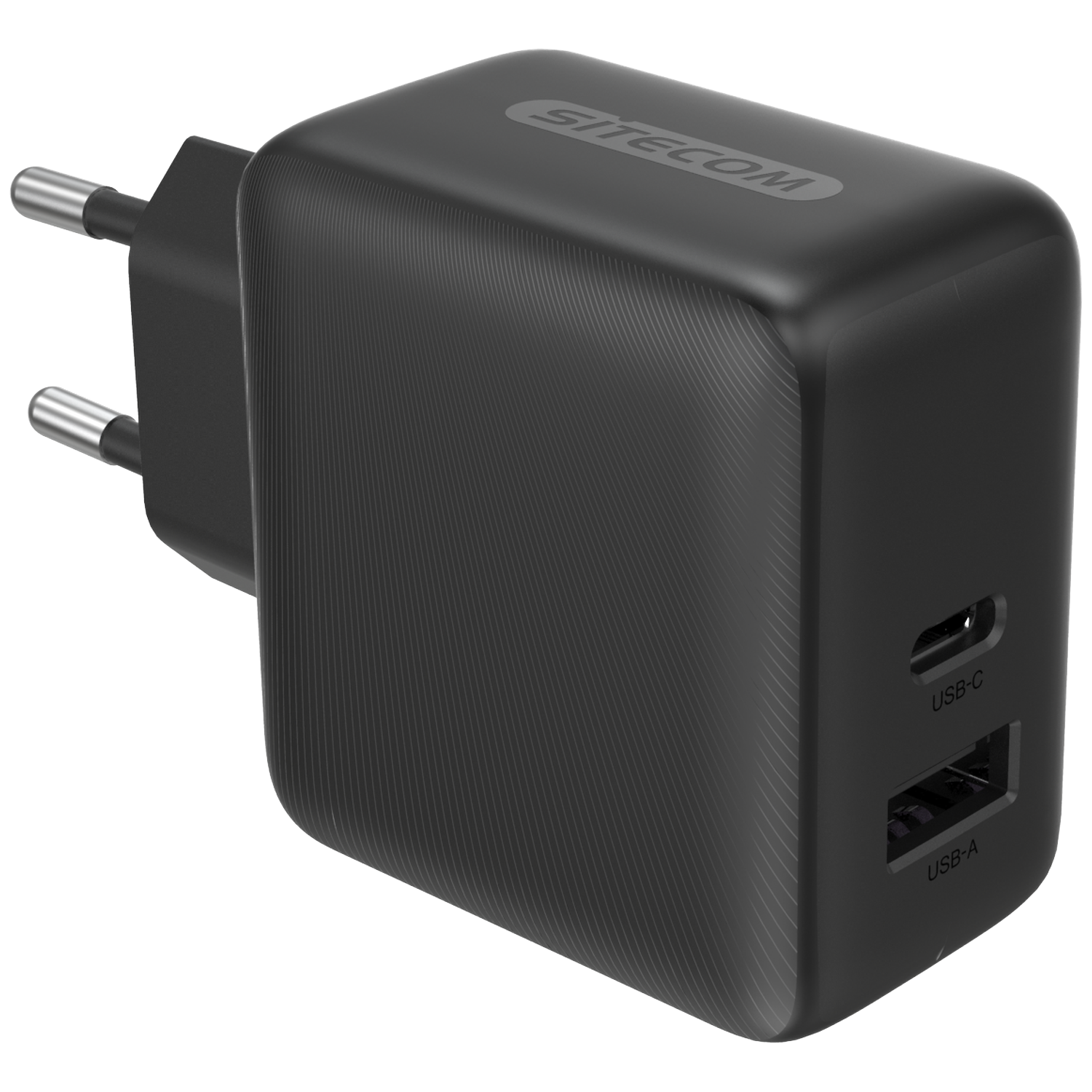 Black power adapter with two USB ports (USB-C and USB-A) and two prongs.