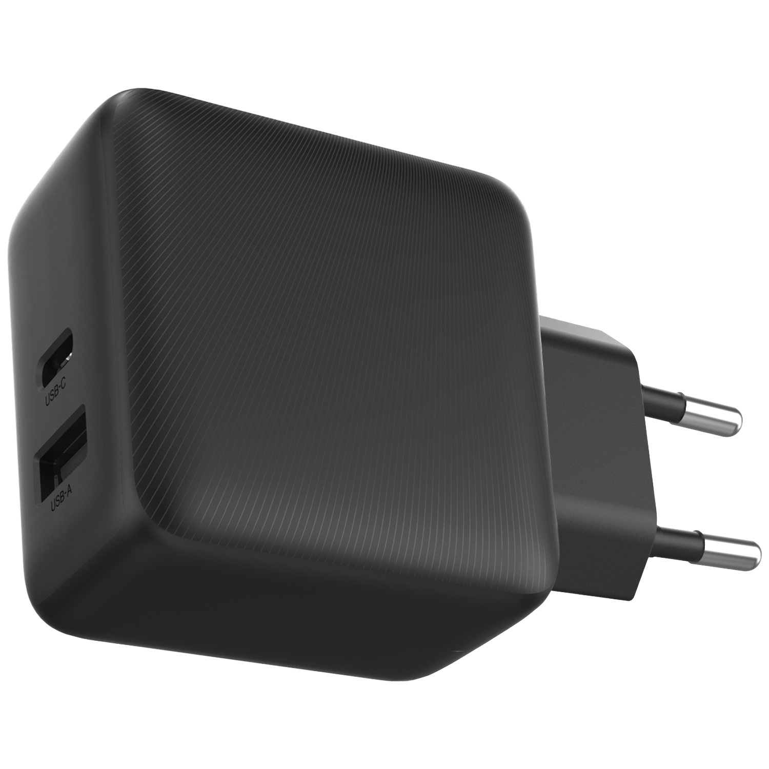 Black USB-C/USB-A charger plug with ribbed texture and Europlug.