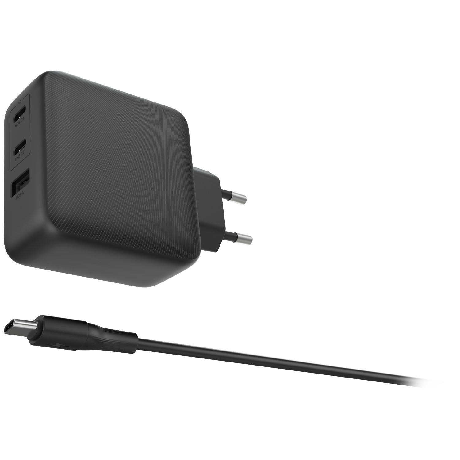 Zwarte USB-C oplader met twee USB-C poorten en één USB-A poort.