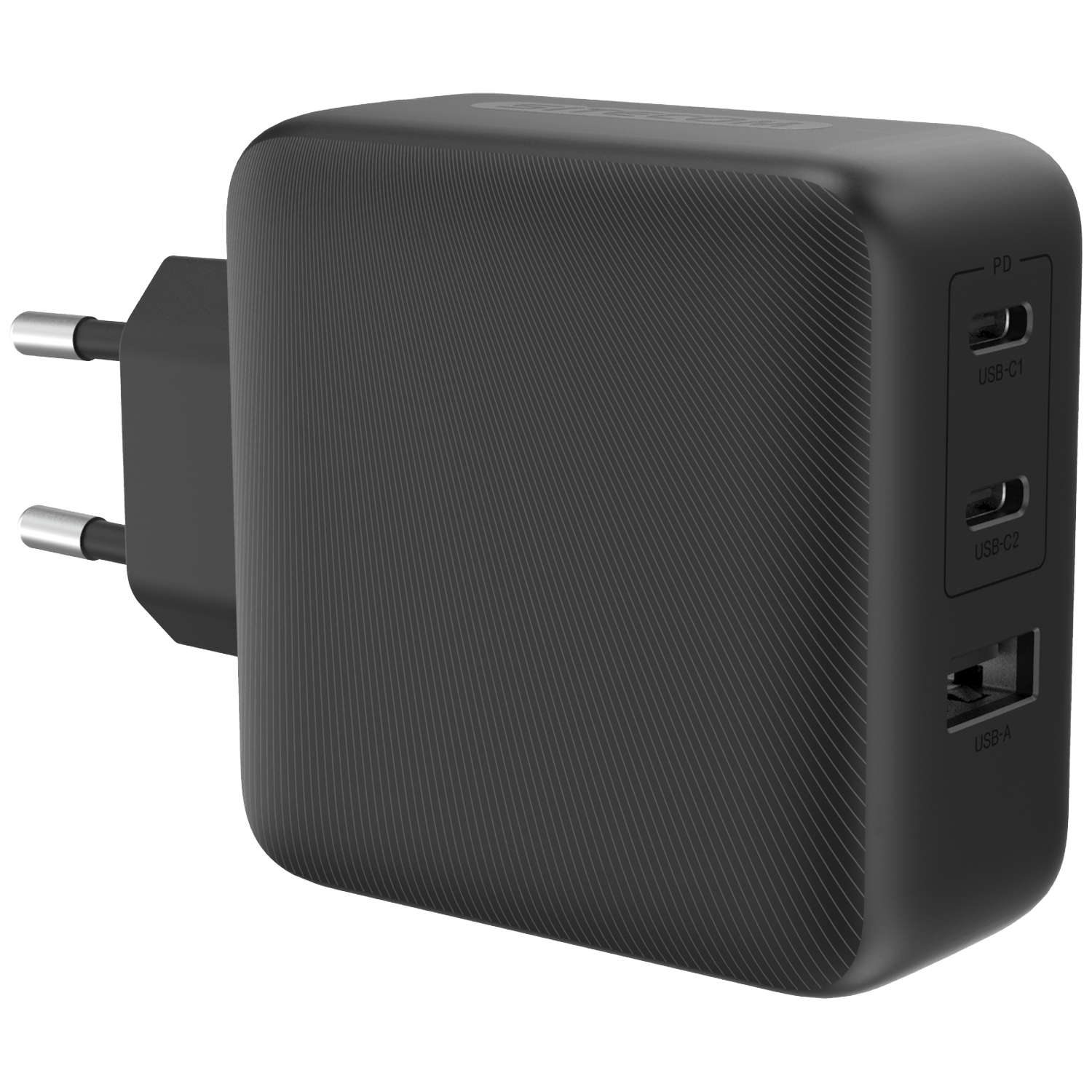Zwarte oplader met twee USB-C en één USB-A poort, en EU-stekker.