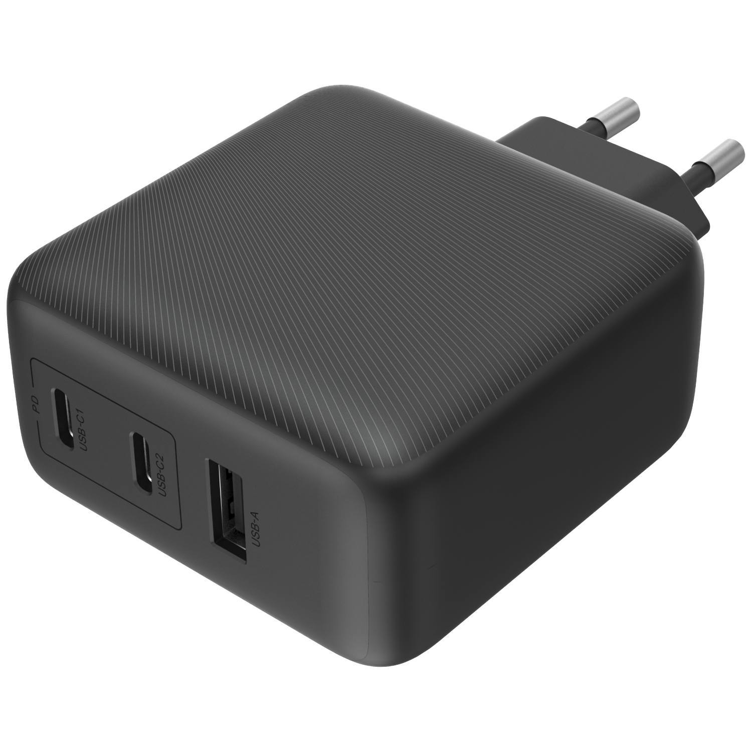 Zwarte oplader met 3 poorten: 2 USB-C, 1 USB-A en inklapbare stekkers.