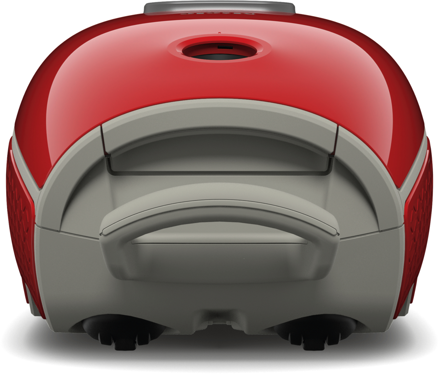 Ein roter und grauer Staubsauger mit Griff und Rädern.