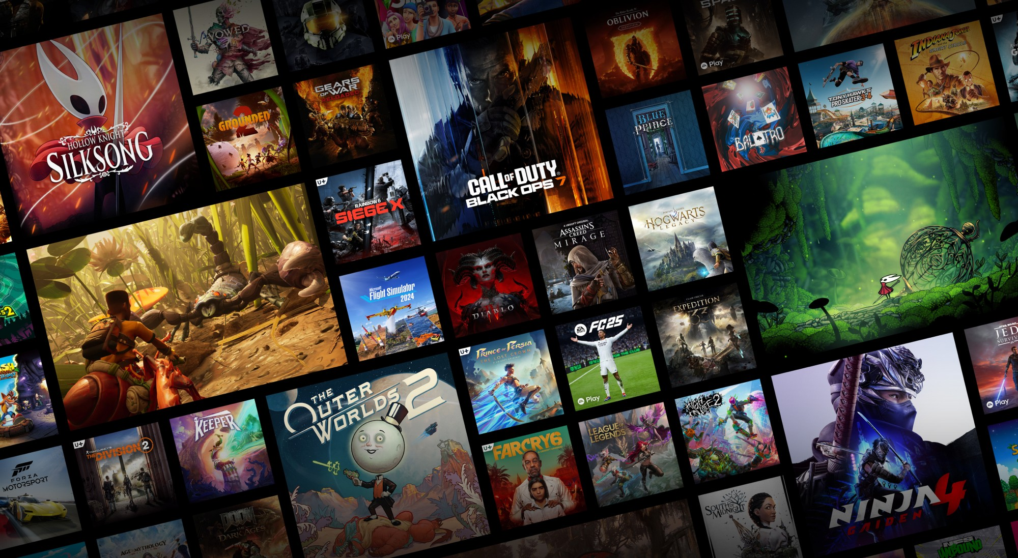 Eine Collage aus Videospiel-Covern, darunter Hollow Knight, Call of Duty und Hogwarts Legacy.