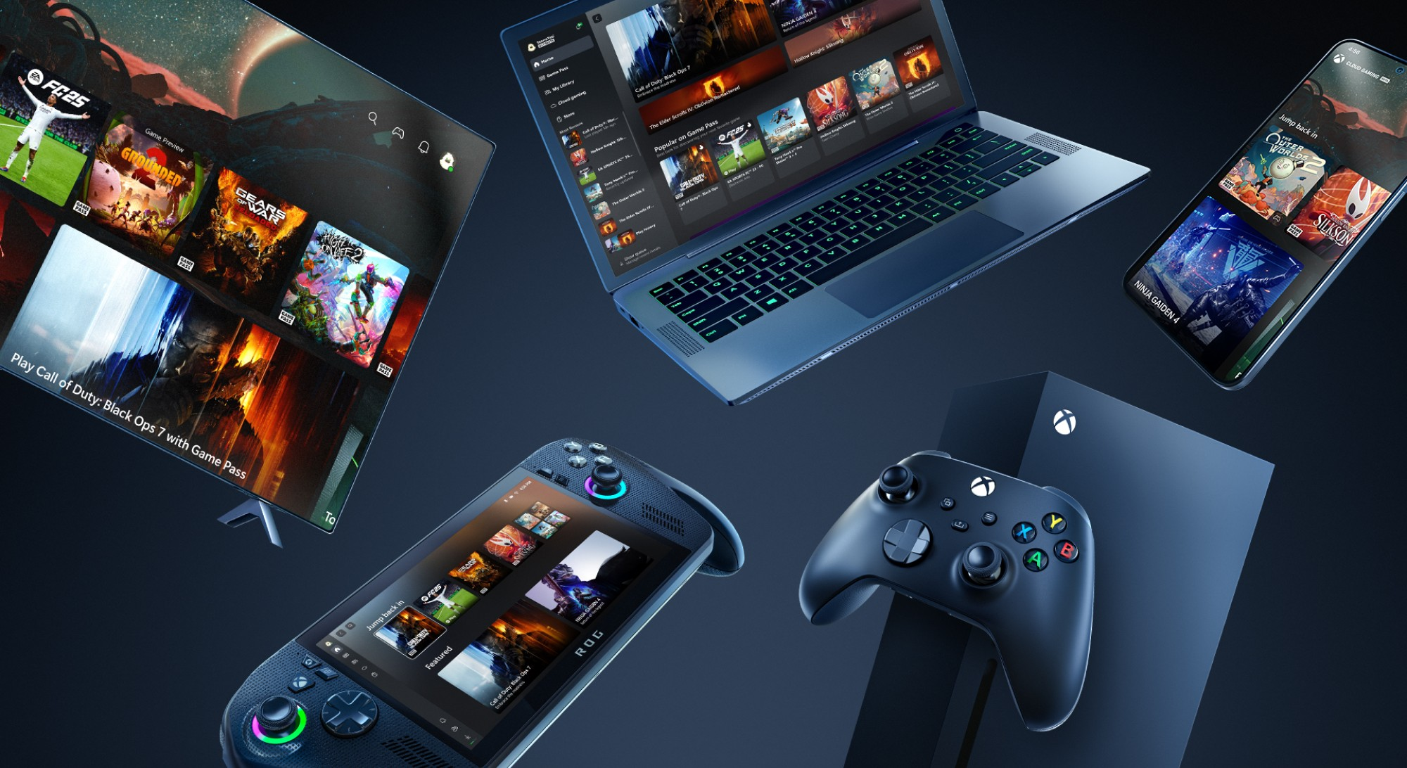 Gaming-Geräte: Xbox, Laptop, Handy, Controller und Handheld-Konsole.