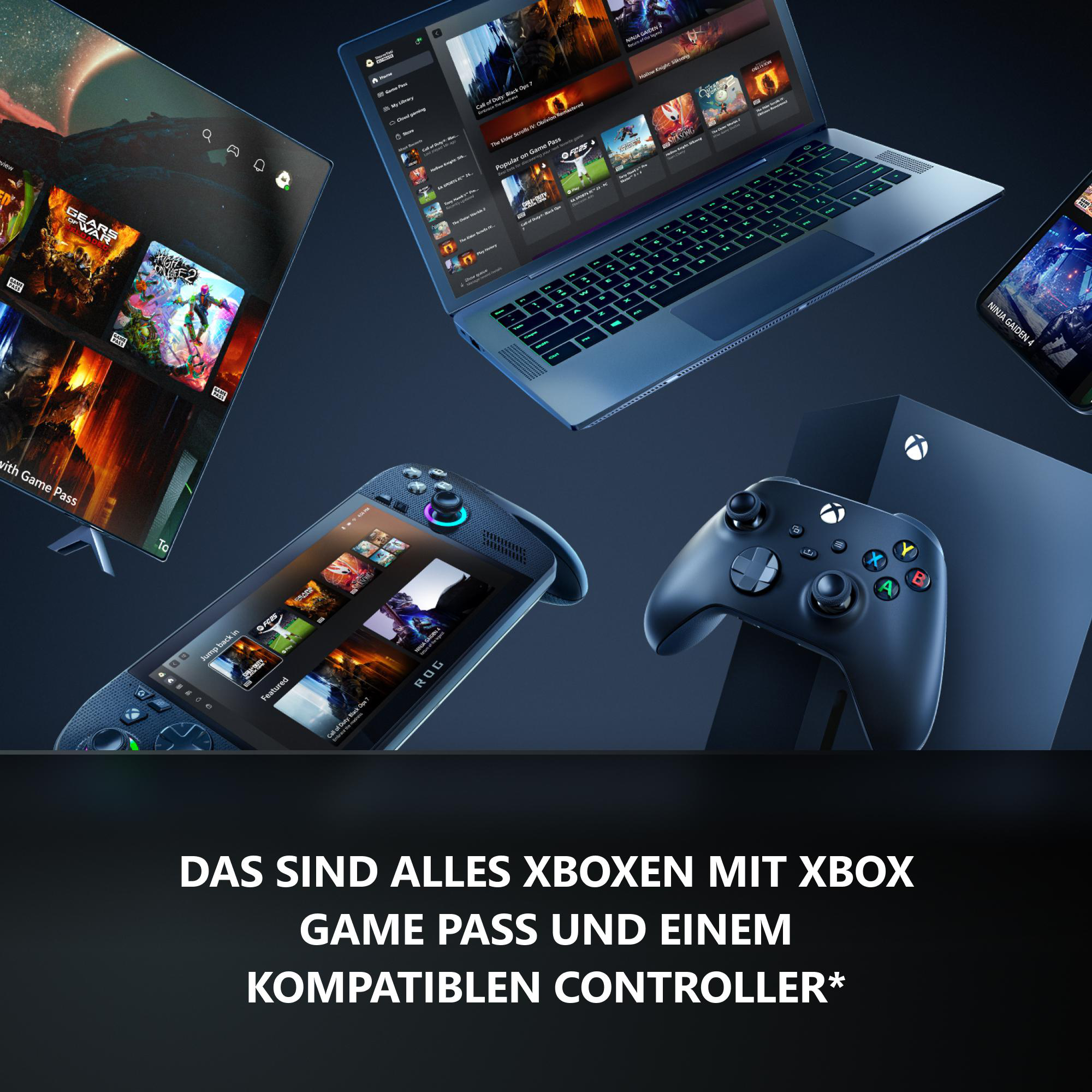 Xbox-Geräte: Konsole, Laptop, Handheld, Controller und Handy.