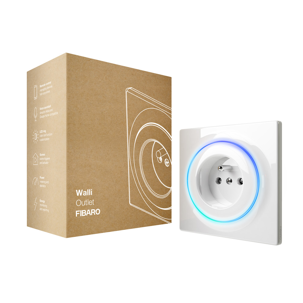 Weiße Steckdose mit blau-grünem LED-Ring neben einer Pappschachtel mit Produktinformationen.