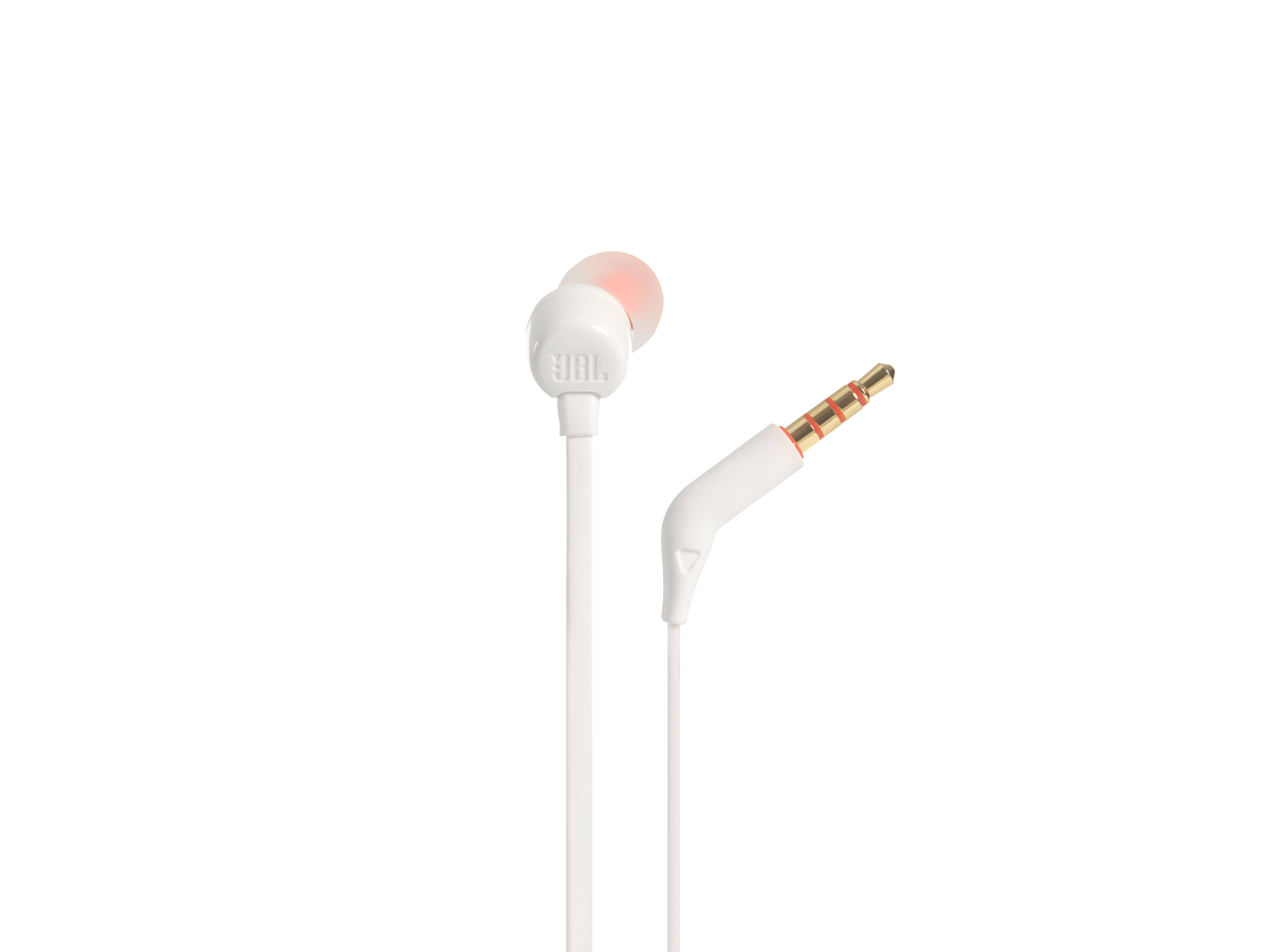 Turuncu uçlu ve altın kaplama fişli beyaz JBL kulaklık.