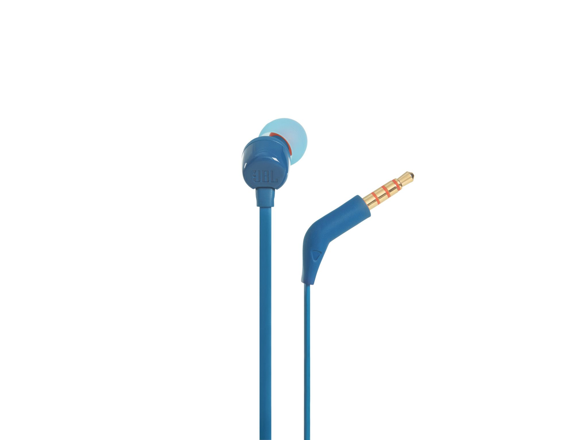 Mavi JBL kulaklık, 3,5 mm fişli ve yarı saydam kulak uçlu.