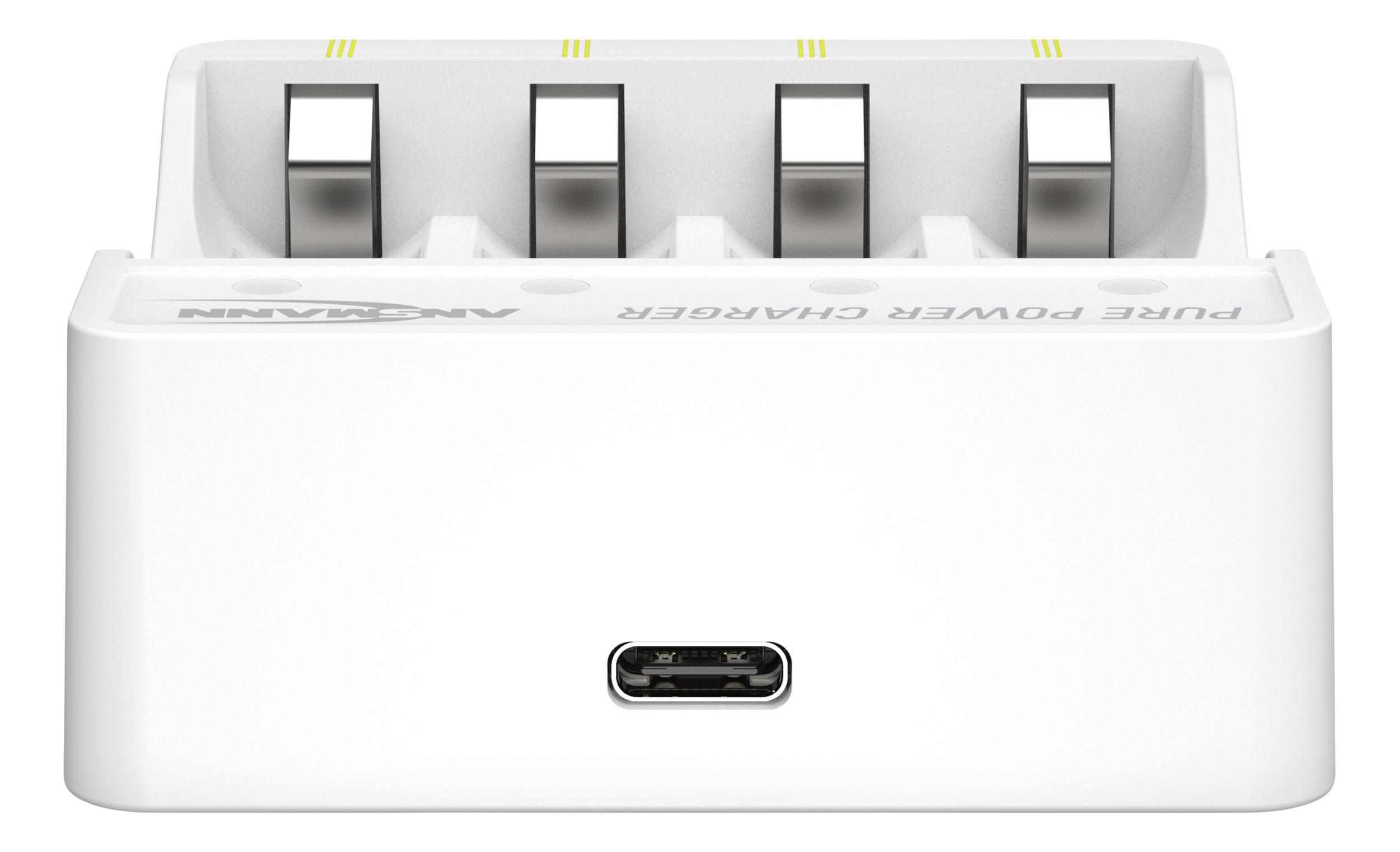 Ein weißes Ladegerät mit vier Schlitzen und einem USB-C-Anschluss.