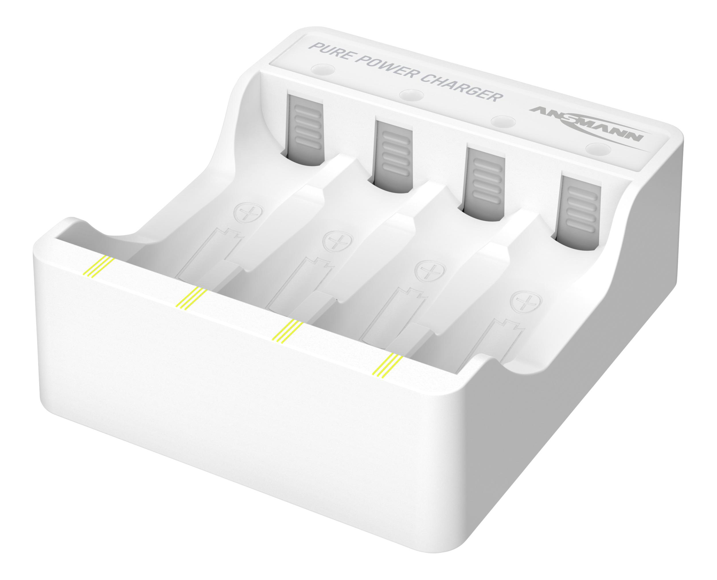 Ein weißes Ladegerät mit vier Schlitzen für Batterien.