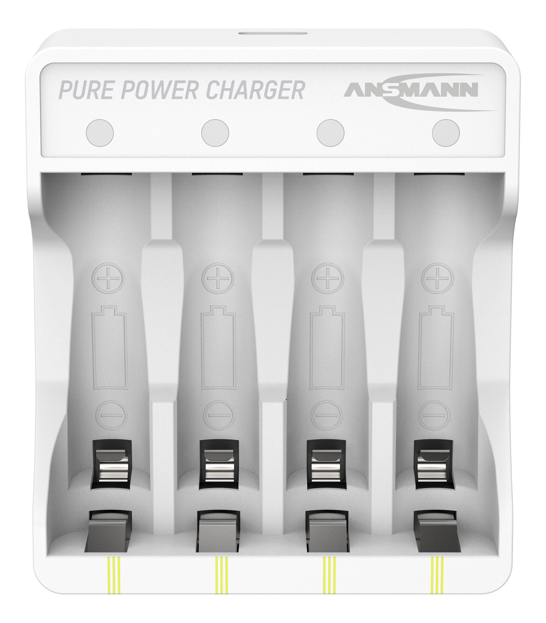Ein weier Ansmann Ladegert fr vier Batterien mit Ladeanzeigen.