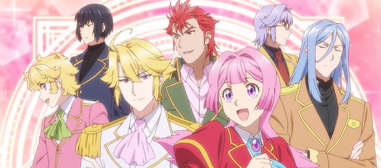 Sechs Anime-Charaktere posieren, einige tragen Uniformen in Rosa, Grün und Braun.