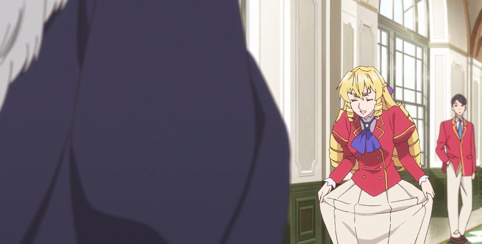 Eine blonde Frau in roter Jacke und weißem Rock, ein Mann in roter Jacke.
